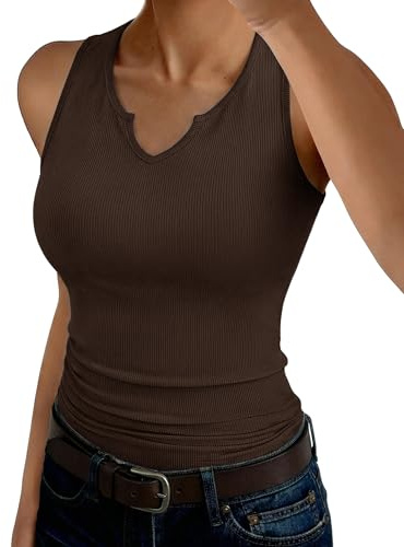 Aottori Canotta a Costine Donna Scollo a V Canottiera in Maglia Slim Fit Basic Top Elasticizzato Magliette Senza Maniche Tinta Unita Marrone L