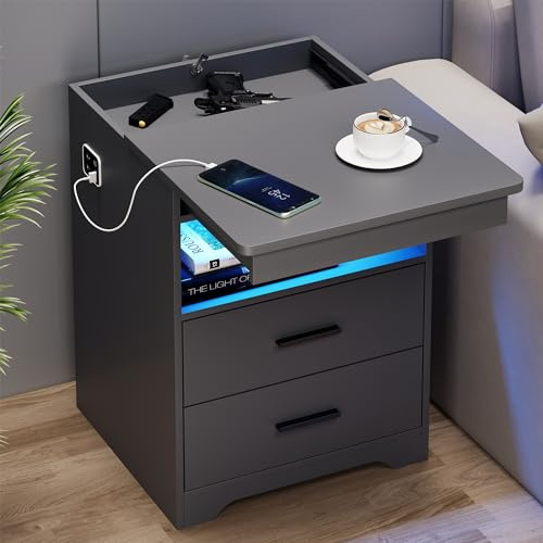 TAGELIER Intelligenter Nachttisch mit Ladefunktion, Nachtschrank mit Geheimfach, LED-Nachttische mit 3-Farbiger Beleuchtung und Bewegungssensor für Schlaf- und Wohnzimmer, Grau