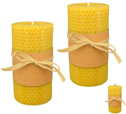 2 PCS Honeycomb Beeswax Pillar Candles, Smokeless Natural Beeswax Decorative Candles, 15-20 Hour Honeycomb Pattern Design for Home Ambiance, Romantic Dinners and Meditation Settings (10 x 5 cm)