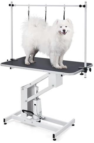 GarveeHome Table de toilettage hydraulique Solide pour Chiens et Animaux – Hauteur réglable – Plateau antidérapant – Capacité 159 kg – Bras Ajustable avec Sangle