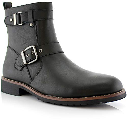 Polar Fox Wyatt Men's Engineer Boot | Motorcycle Style Ankle Boot with Buckle Straps & Side Zipper | MPX608005 | in Black, Size 7