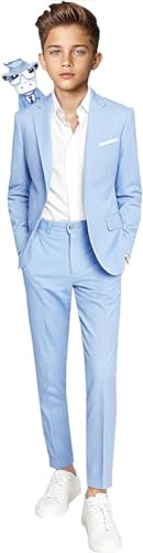Black n Bianco Boys' First Class Slim Fit Suits Lightweight Style. Presented by Baby Muffin (7, Light Blue)