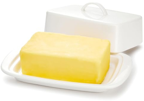 Sweese Large Butter Dish with Lid for Countertop, Porcelain 8oz Butter Keeper with Handle Cover Design, 7.7 Inch Butter Container Perfect for East/West Coast Butter, White