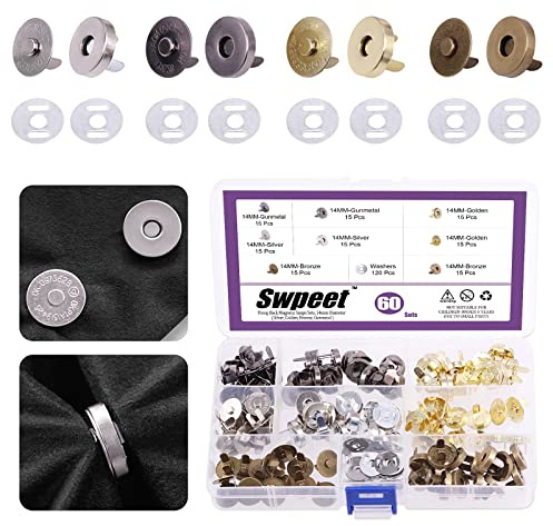 Swpeet 60 Sets Magnetic Button Clasps Snaps, 14MM Metal Fastener Clasps Gold Silver Bronze Black DIY Craft Sewing Knitting Buttons Sets for Sewing, Purses, Bags, Clothes, Leather