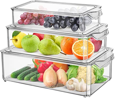 Chuboir Fridge Organisers Bins Set of 3, Stackable Clear Fridge Storage Containers with Lids, Plastic Refrigerator Storage Box for Kitchen Pantry Freezer Cupboards