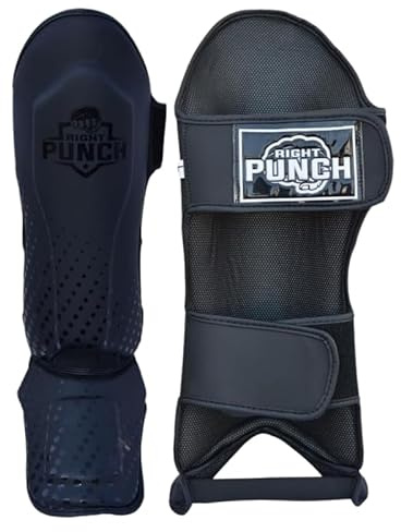 Right Punch Shin Guards Kickboxing Leg Pads with Instep Protection, Muay Thai MMA Martial Arts Kicking Sparring Training Gear â Full Black (Large)