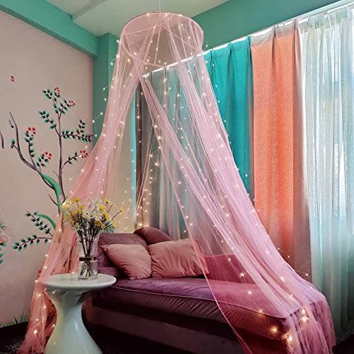 Eimilaly Dosel de Cama Mosquitera con 250pcs Luces de Cortina de Colores, Dosel de Cama para Decoración de Habitación de Niñas o Fiesta Temática, Pink/Warm White Lights