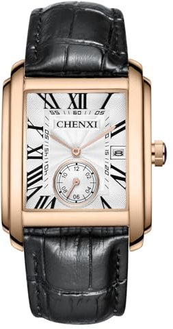 JewelryWe Uhren Herren Echtleder Rechteckig: Datum Kalender 30m wasserdichte Analog Quarz Armbanduhr Männer Leder Armband Uhr mit Rosegold Gehäuse und Weiß Römischen Ziffern Zifferblatt