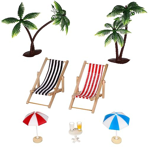 TOYANDONA Set di 9 decorazioni da spiaggia in miniatura, decorazione estiva con palme, ombrelloni, sedie a sdraio, bevande e rotonde, per casa delle bambole, giardino fai da te, casa delle bambole e