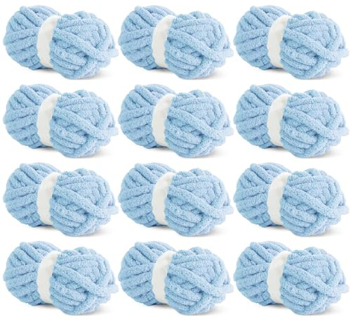 HOMBYS Pack of 12 Balls of Thick and Fluffy Chenille Yarn for Hand Knitting, Soft Plush Yarn, Sky Blue for Crochet, 226.8 g per Skein, Sky Blue