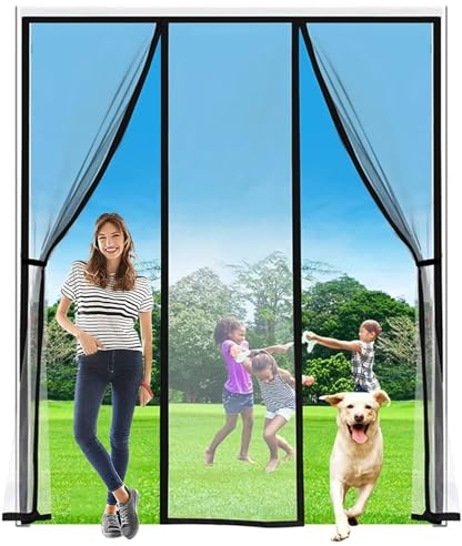 Insect Screen Roller Blind Fly Screen for Door, kit with self-Adhesive Magic Tape Strap, Robust Fiberglass Fabric, Automatic Magnetic Closure (160x255cm,Black)