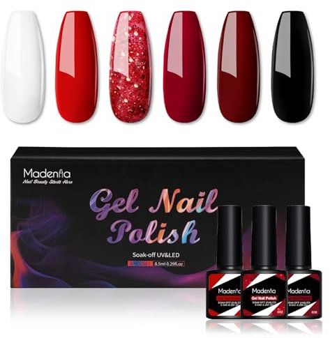 Madenia Gel-Nagellack-Set: 6 Farben, Rot, Burgunderrot, Glitzer-Nagellack-Set, Soak-Off, UV/LED, schnell trocknend, Nagelkunst, DIY-Maniküre-Salon & Zuhause für Frauen, 8,5 ml