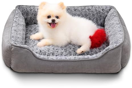 Oiilores Small Dog Bed Washable, Calming Anti-Anxiety Pet Beds with Non-Slip Bottom, Soft Plush Rectangle Pets Beds for Small Dogs, 60x45cm, Grey
