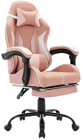 LXRADEO Ergonomic Gaming Chair with Footrest & Lumbar Support - Adjustable Racing Style Computer for Adults, Teens, Kids -Office Desk Chair with Swivel Base, Cute Gamer Design (Pink)