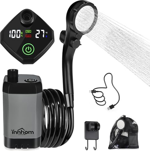 innhom Portable Shower for Camping, 6000mAh Rechargeable Camping Shower with LED Display, 2 Mode Electric Outdoor Camp Shower pump for Hiking, Travelling, Washing, Grey
