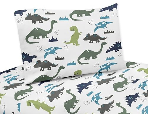 Sweet Jojo Designs 4pc Queen Sheets Set (Blue Green Dinosaur) for Boys, Kids Childrens Breathable Bedding incl. Bed Flat Fitted Sheet & Pillow Cases (Modern Dino, Dinosaurs Theme, T-Trex, Jurassic)