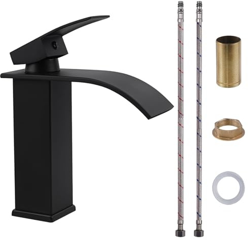 VirtuGro Robinet Salle Bain Robinet Cascade Lavabo avec Corps en Céramique en Acier Inoxydable Pas de Bruit Mitigeur Lavabo Monocommande Chaud et Froid à Double Commande Economies D'eau (Noir)