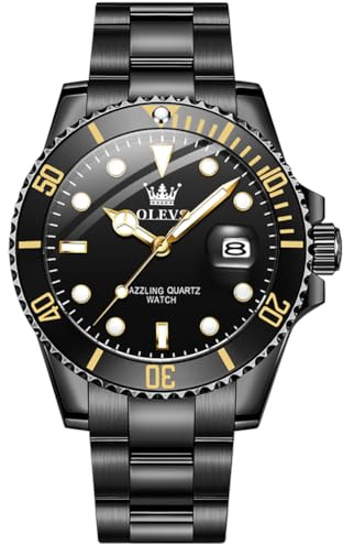 OLEVS Reloj para Hombre Esfera Negro Analógico Cuarzo Reloj de Acero Inoxidable de Cara Grande Clásico Fácil de Leer Relojes de Pulsera de Fecha Lujo para Correa de Negro Pulsera