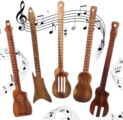 Potchen 5 Pcs Gifts for Guitar Players 12 Inches Guitar Shaped Utensils Set Natural Acacia Wooden Spatulas Spoon, Unique Musician Valentines Gifts for Music Lovers Kitchen Decoration