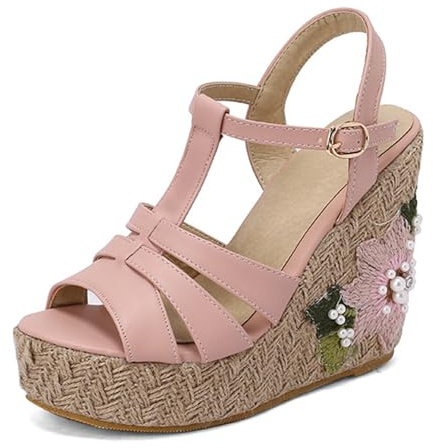 Eestfy Sandalias de Cuña Bordadas Floreales Mujer Tira T Plataforma Tacones de Esparto Hebilla de Tobillo con Nudo Zapatos de Vestir de Verano para Fiestas,Rosado,35 EU