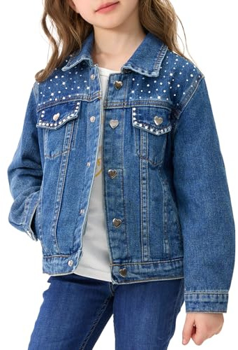 Miipat Girls Denim Jacket Sequin Patchwork Toddler Jean Jacket Button Down Fashion Jeans Coat with Pockets Long Sleeve Outwear for Kids