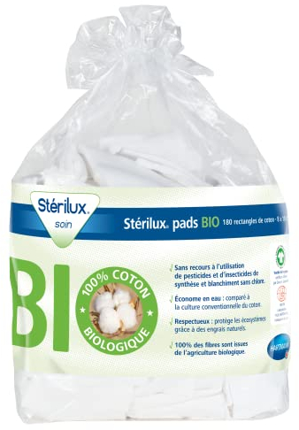 Stérilux® - Almohadillas orgánicas rectangulares de algodón orgánico, suaves, sin pelusas, paquete de 180