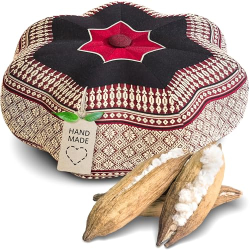 Livasia Coussin de méditation étoile - Ø 30x15cm - Coussin de Yoga kapok, Pouf, Coussin de Sol en Yoga Zen méditation, Coussin zafu Jardin Balcon, Coussin d’Assise Fait Main (Rouge/Noir)