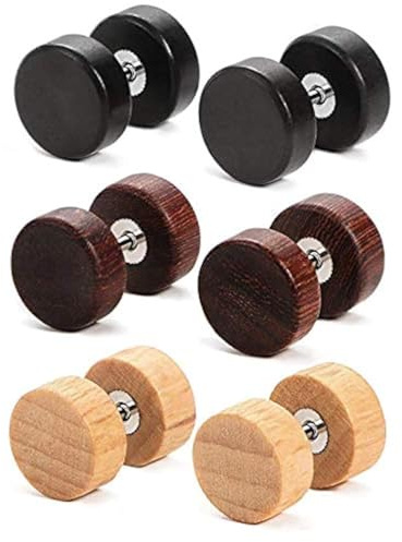 YZstyle 8mm Wood Faux Gauges Plugs Earrings for Men Women Wooden Fake Plugs Gauge Studs Circle Flat Back Cheater Tunnel Dumbbell Earrings Set (3 Pairs) (3pair a setE045)