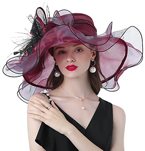 Qchomee Organza Hut Organza Damen Frauen Damenhut Sonnenschutz Sonnenhüte Sonnenhut Fascinator Hut Wide Brim für Sommer Strand Kirche Party Bowler Hut Kirche Fascinator Braut Hochzeit Hut Sommerhut