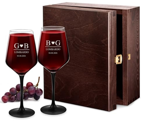 Maverton 2 Calici da vino Rubino - incisione personalizzata - 300 ml - con gambo nero - pensiero speciale per nozze - adatti per vino secco e dolce - unici per coppia - regalo di Natale - cuore