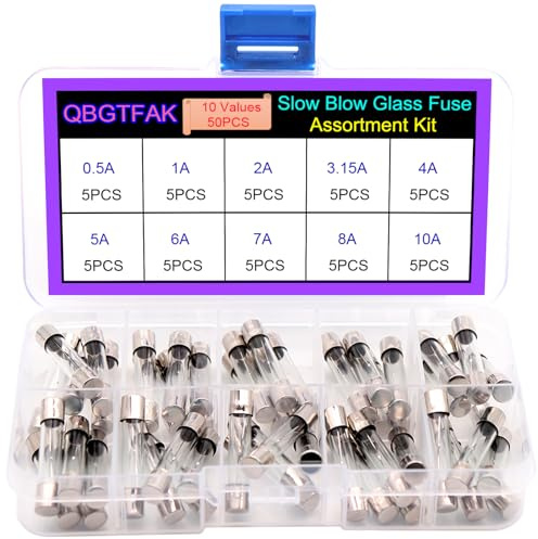 QBGTFAK 10 Values50pcs Slow Blow Glass Fuses Assorted Kit 6x30mm, 250V 0.5A, 1A, 2A, 3.15A, 4A, 5A, 6A, 7A, 8A, 10A, packag in a Clear Plastic Box