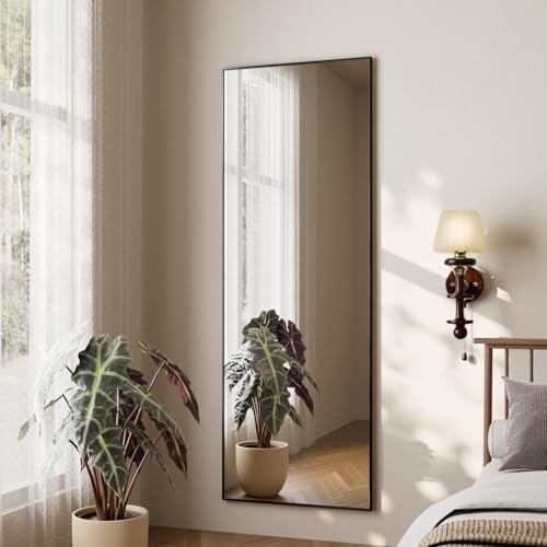 Koonmi Ganzkörperspiegel, 41x127cm Wandspiegel mit 2 höhenverstellbaren Hängehaken, Hängespiegel mit Rahmen aus Aluminiumlegierung für Garderobe und Schlafzimmer, Schwarz