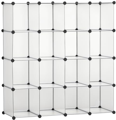 HOMCOM Armario Modular de Plástico Zapatero Organizador con 16 Cubos de 30x30x30cm para Entrada Pasillo Dormitorio 125x32x125 cm Transparente