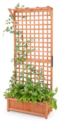 COSTWAY Blumenkasten mit Spalier & Dach, Pflanzkasten Tannenholz, Hochbeet mit Rankgitter & Drainagelöchern, Gartenspalier für Kletterpflanzen, Rankkasten Rankhilfe Garten Terrasse, Natur, 75x33x181cm