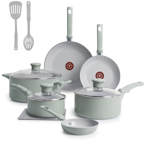 T-FAL Refresh Ceramic, Ceramic Non Stick Cookware Set 12 Piece, Oven Broiler Safe 350F, Cookware, Kitchen Cooking Set w/Fry Pans, Saucepans & Kitchen Utensils, Pots and Pans Set Non Stick, Mint Green