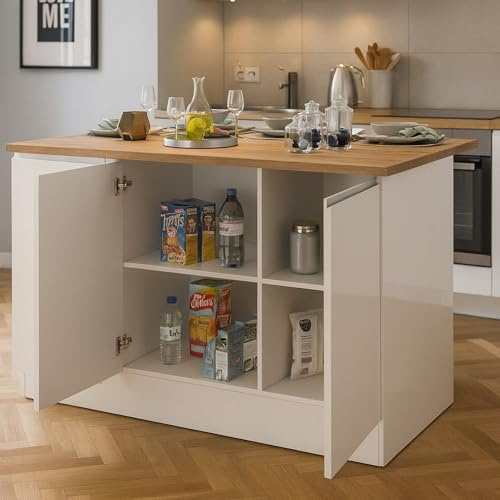 Dmora - Isola da cucina Patrizio, Armadio multiuso, Mobile per cucinotto, Tavolo ausiliario, 100% Made in Italy, 155x90h90 cm, Bianco lucido e Rovere