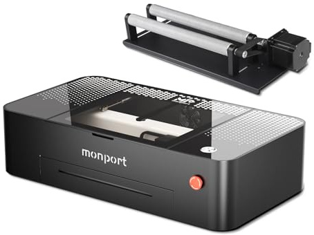 Monport ONYX 55W Grabadora Láser CO2 con Rotativo, Máquina Láser de Escritorio 460x290mm con Autofocus, Enfriador Incorporado, Mesa de Trabajo Doble, Cámara de 5MP, Ventilador de Escape