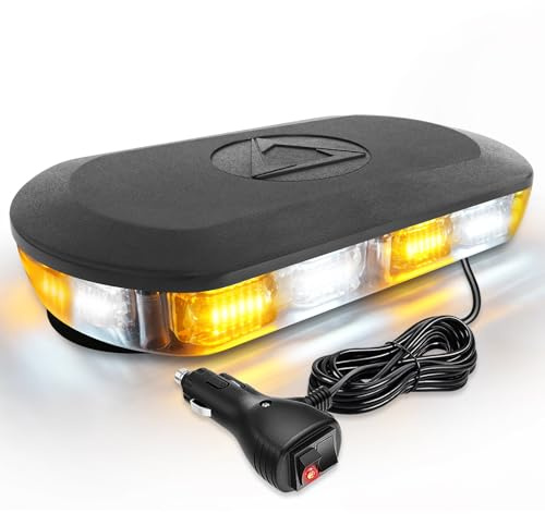 HLauto 700A Rooftop Emergency Strobe Lights Bar, 72 LED Amber White Mini Beacon Safety Flashing Warning Traffic Lights Bar w/Magnetic Base for 12-24V Trucks, Construction Vehicles, Snowplow, Cars