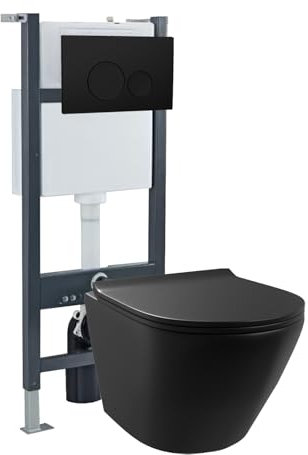Nes Home Rimless Round Wall Hung Toilet, Cistern Frame, Flush Button Matte Black