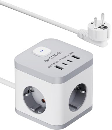 AICODE Steckdosenwürfel 3-Fach 3680W mit 4 USB (2X USB-C) & Kindersicherung - Steckdosenleiste mit Schalter,Mehrfachsteckdose 2m Verlängerungskabel, kompakt & tragbar für Zuhause, Büro, Reisen - weiß