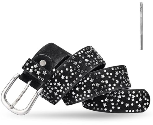 Dokeno Damen Gürtel Stern Nieten Ledergürtel Breiter Nietengürtel für Jeans Hosen, kürzbar, Leder Jeansgürtel