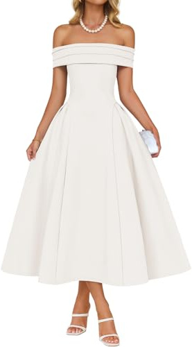 ZESICA Summer 2026 Cocktail Dresses for Women's Off Shoulder Short Sleeve Swing A Line Wedding Evening Party Midi Dress White Medium