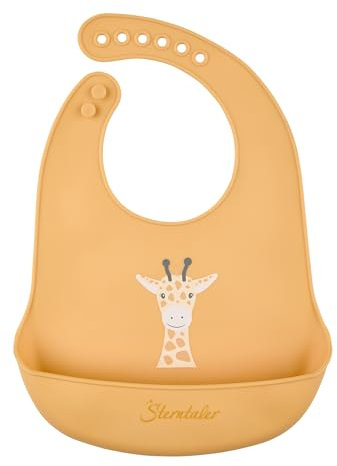 Sterntaler Silikon Lätzchen Giraffe Kaya – Lebensmittelecht – Abwischbar & spülmaschinengeeignet – Mit Auffangfach für weniger Essensreste – Verstellbar für Babys & Kleinkinder, ocker