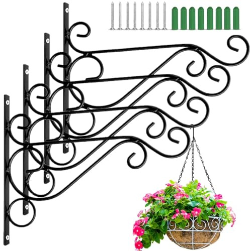 LATERN 4Pcs Hanging Basket Brackets, 25CM x 20CM Metal Wall Mount Planter Hanger Outdoor Hanging Basket Hook with Screw for Bird Feeder, Lantern, Wind Chime, Planter, Flower Pot