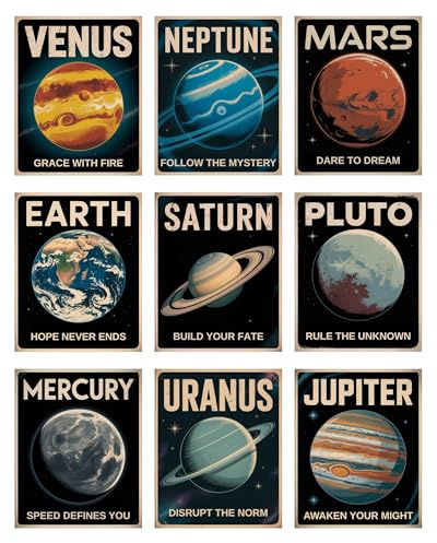 Space Poster Set of 9 – 8x10 Inch Unframed Planet Wall Art – Vintage Solar System Prints for Kids, Teens, Home or Classroom Decor – Inspirational Galaxy Room Decorations