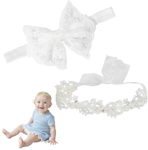 BAUCH Fascia Capelli Neonata 2 Pz Fascie Capelli con Fiori Bianchi in Pizzo per Bambini (Decorazione Bambina, per Quotidiano e Feste)