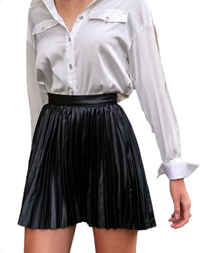 EMOTTOS Jupe Courte plissée en Cuir PU pour Femmes, Taille Haute élastiquée, Mini-Jupe à Fermeture éclair Invisible, Jupe trapèze en Simili Cuir pour Femmes, décontractée, Noir, L