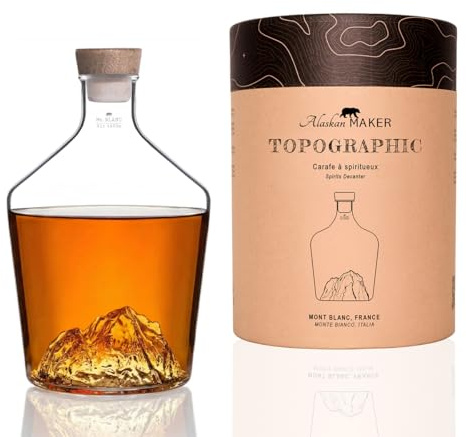 Carafe à spiritueux 1,2L – Verre borosilicate soufflé artisanalement avec montagne en relief 3D | Bouchon bois & liège, design premium | TOPOGRAPHIC (Mont Blanc)