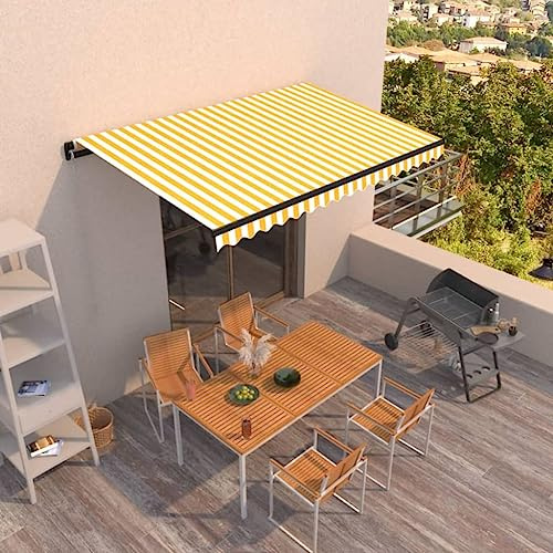 Mokuyary markis manuellt infällbar 400 x 350 cm gul och vit, klämmarkis med handvev, balkongmarkis solskydd för fönster balkong terrass trädgård veranda