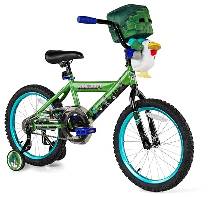Minecraft 18-Inch Kids Bike - Unisex Bike with Plush Chicken Jockey Attachment, Front Caliper & Coaster Brake, Adjustable Seat, Removable Training Wheels, Ages 6-9, 42”-53” Tall, Green